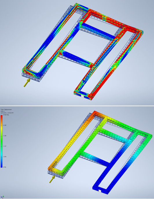 Two images of the FEA analysis in CAD, without bellypan included. The first image is the Von Mises Stress analysis, and the second image is the Displacement.