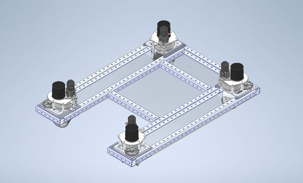 An image of the drive base CAD as of 1/21/2023 at ~5:00 pm. This is with C-channel cutouts and final dimensions.